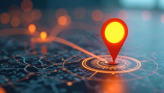 Digital AI tech map displaying location with orange pins set.