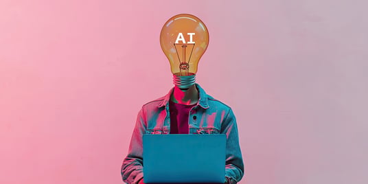 Person with lightbulb head labeled AI working on laptop representing AI business opportunities and innovation.