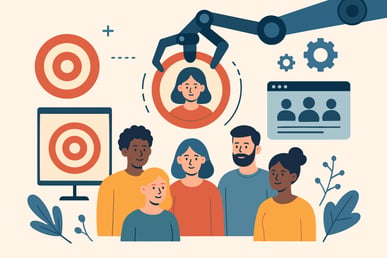 Mobile marketing guide image showing AI-powered audience targeting with diverse personas.