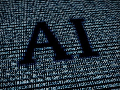 Graphic with AI on the forefront, with a background full of ones and zeroes.