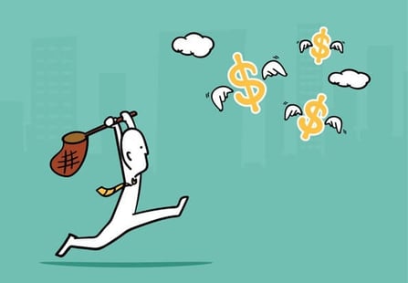 Drawing of a man with a net, racing after flying dollar signs.