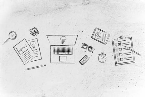 Competition is good and starts with smart planning—sketched workspace with laptop, reports, checklist, and business tools.