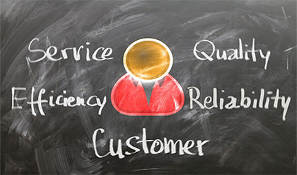 Chalkboard drawing, with the words Service, Efficiency, Quality, Reliability, and Customer written on it.