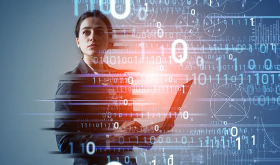 Businesswoman with laptop and data stream illustrating AI and the evolution of the web in a digital future.
