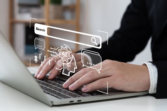 A businessman using a laptop showing a search generative experience.