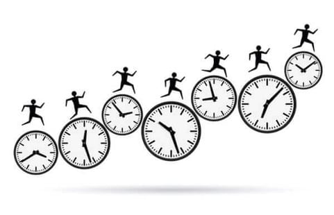 Graphic of a bunch of clocks, with people racing on top of them.