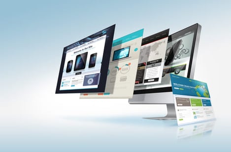 Graphic of a computer screen on a blue background, with a series of webpages open.